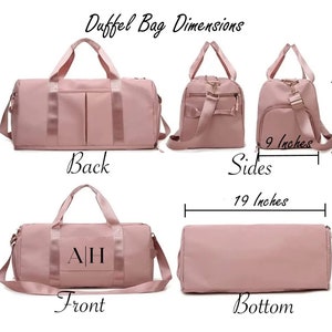 May include: A pink duffel bag with black straps and a zippered pocket on the front. The bag is shown from different angles, with measurements in inches for the back, sides, bottom, and front.