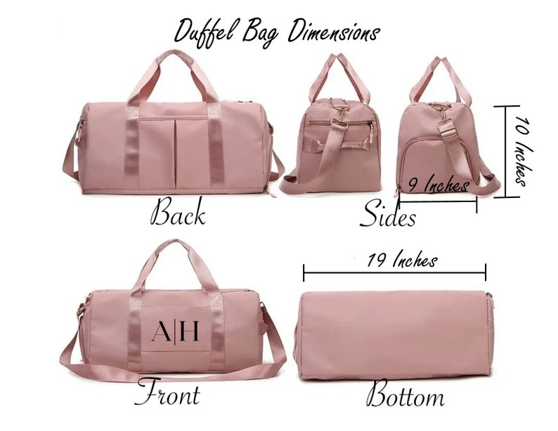 May include: A pink duffel bag with black straps and a zippered pocket on the front. The bag is shown from different angles, with measurements in inches for the back, sides, bottom, and front.
