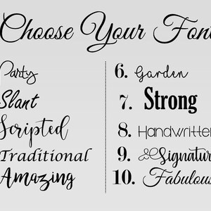 May include: A list of ten different font styles with their names written in each style. The font styles include Party, Slant, Scripted, Traditional, Amazing, Garden, Strong, Handwritten, Signature, and Fabulous.