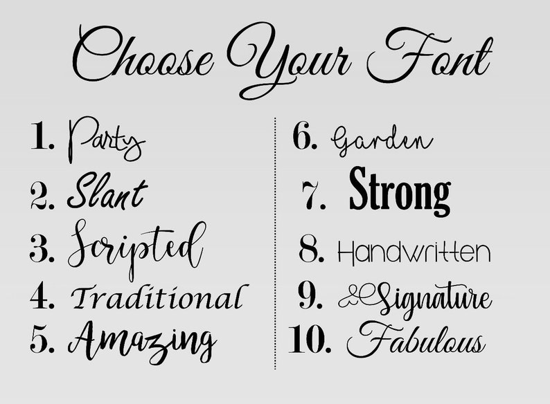 May include: A list of ten different font styles with their names written in each style. The font styles include Party, Slant, Scripted, Traditional, Amazing, Garden, Strong, Handwritten, Signature, and Fabulous.