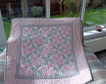 Pinwheel Baby Girl Quilt, Pink, White and Grey, 34.25ins Square, Playmat, Baby Shower Gift, Ducks, Kites & Suns, Travel Quilt, Tummy Time