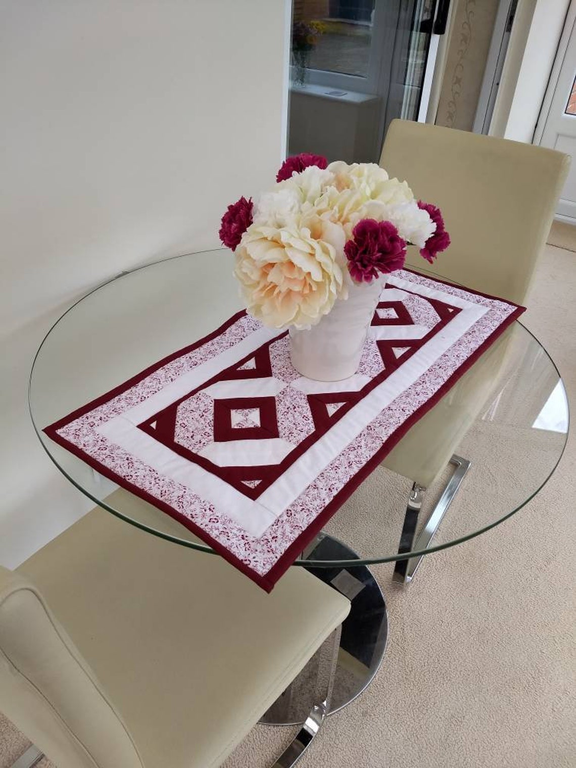 Handmade Quilted Coffee Table Runner Burgundy and White Etsy