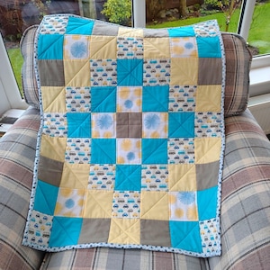 Cars & Buses Baby Quilt, Cotton, Turquoise Yellow and Grey, Patchwork, 36" x 28", Washable