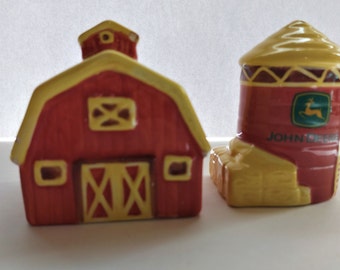 Vintage John Deere Ceramic Barn and Silo Salt & Pepper Shakers