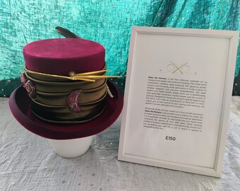 Steampunk Burgundy Top Hat with Gold Clock Hands & Crystals – Unique Wearable Art for Cosplay, Events, or Statement Fashion