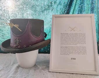 Steampunk Moss Green Top Hat with Gold Clock Hands & Crystals – Unique Wearable Art for Cosplay, Events, or Statement Fashion