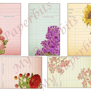 May include: Set of six vintage-style library card templates featuring floral illustrations. The cards have a pink, green, and yellow background with lines for writing. The flowers include asters, lilacs, sunflowers, and pink blossoms.