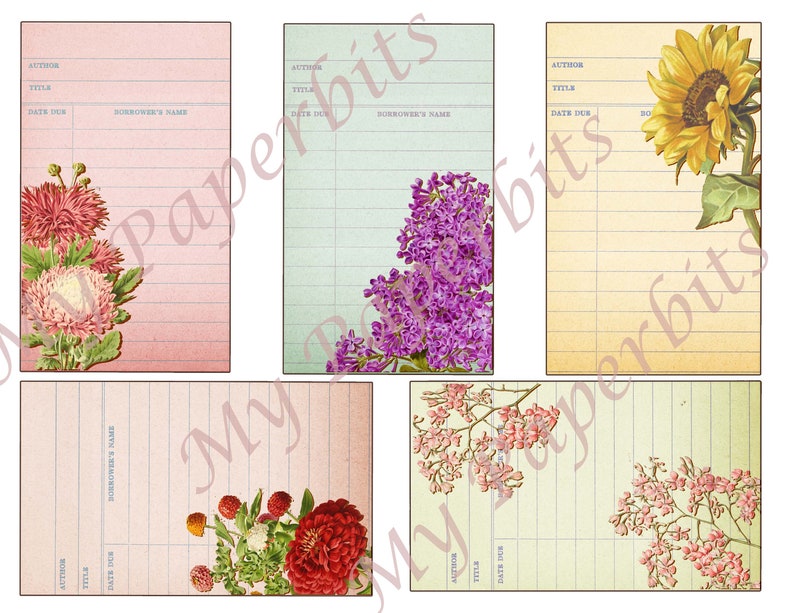 May include: Set of six vintage-style library card templates featuring floral illustrations. The cards have a pink, green, and yellow background with lines for writing. The flowers include asters, lilacs, sunflowers, and pink blossoms.