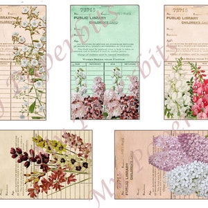 May include: Five vintage library cards with floral illustrations. The cards are all the same size and have a light brown background with a grid pattern. The flowers are in various colors, including pink, white, and purple. The text on the cards reads "Public Library Children's Card" and includes the number "73715".