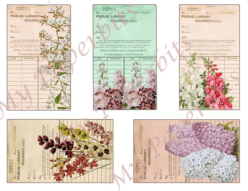 May include: Five vintage library cards with floral illustrations. The cards are all the same size and have a light brown background with a grid pattern. The flowers are in various colors, including pink, white, and purple. The text on the cards reads "Public Library Children's Card" and includes the number "73715".