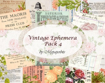 May include: A digital collage of vintage ephemera featuring images of roses, lace, and text. The text includes "Vintage Ephemera Pack 4" and "by Mypaperbits".