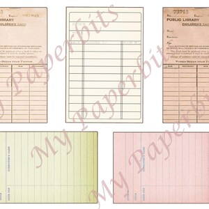 May include: A set of six vintage-style library cards. The cards are printed on cream-colored paper with black text. The cards have a faded look and are slightly worn. The cards are labeled "Public Library Children's Card" and have fields for the borrower's name, age, residence, and book information.