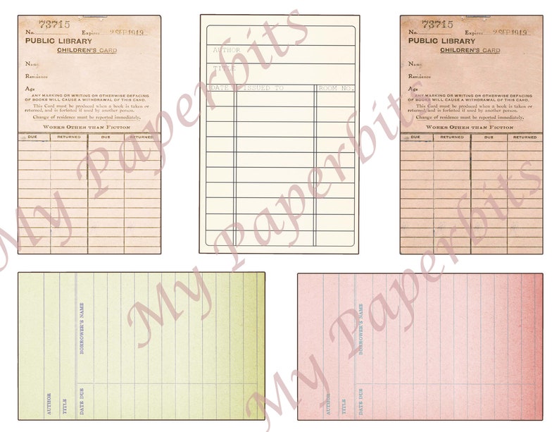 May include: A set of six vintage-style library cards. The cards are printed on cream-colored paper with black text. The cards have a faded look and are slightly worn. The cards are labeled "Public Library Children's Card" and have fields for the borrower's name, age, residence, and book information.