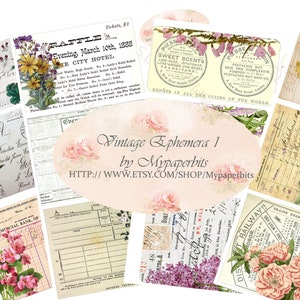 éphémères numériques vintage, éphémères vintage, éphémères floraux, cartes de journalisation, imprimables, kits numériques,