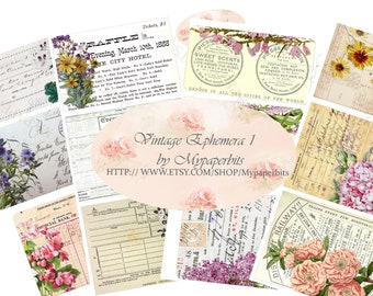 May include: A digital collage of vintage ephemera featuring floral illustrations, handwritten text, and advertisements. The collage includes images of flowers, a raffle ticket, a perfume advertisement, and a bank receipt. The text in the image reads "Vintage Ephemera 1 by Mypaperbits" and "HTTP://WWW.ETSY.COM/SHOP/Mypaperbits".
