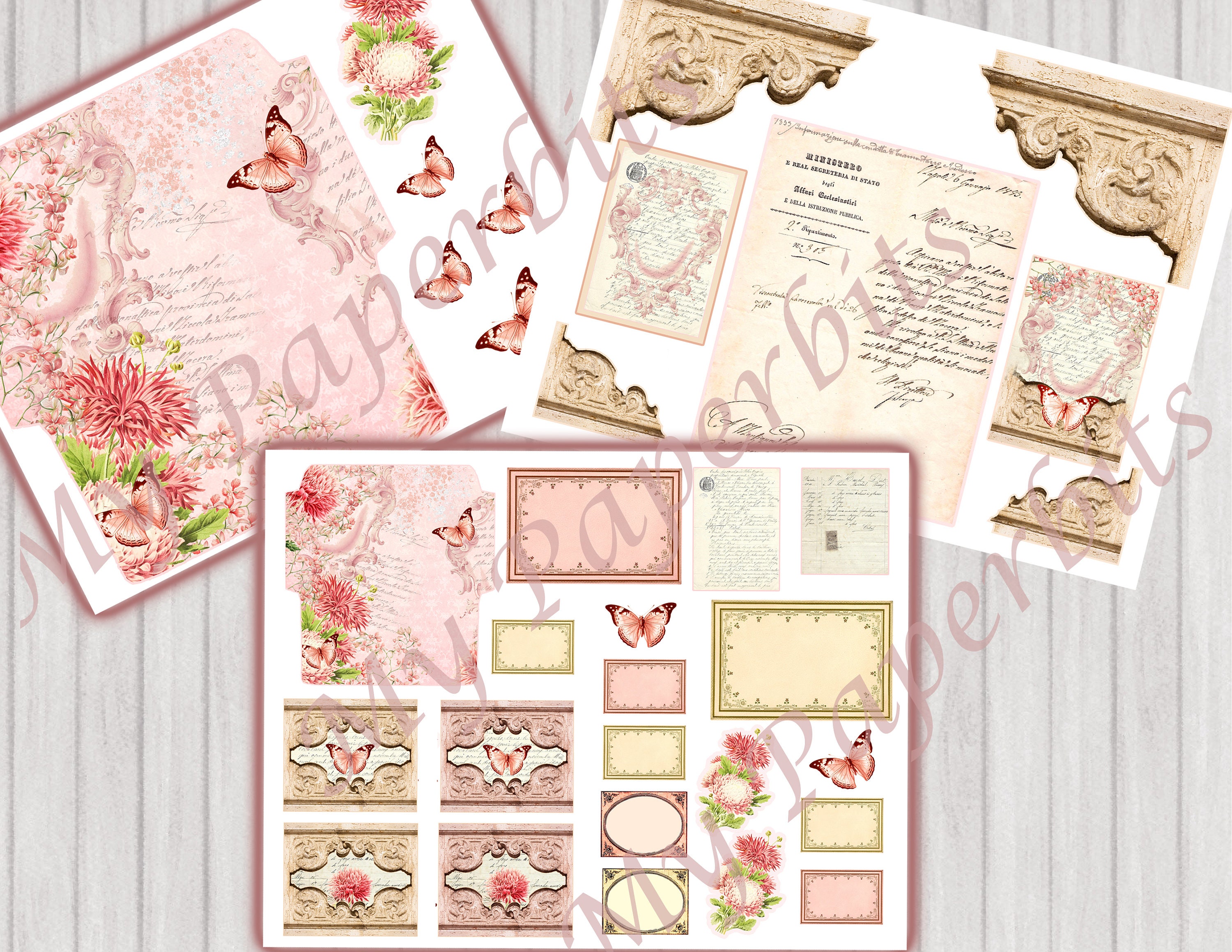 DIGITAL, Vintage Shabby Pink Italia ,pink Floral, Digital Junk Journal ...
