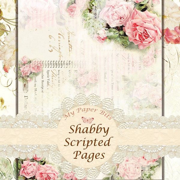 DIGITAL, Scripted, Vintage shabby pink rose  ,Pink Rose, Digital Junk Journal Kits, shabby , journaling cards, printables, digital kits,