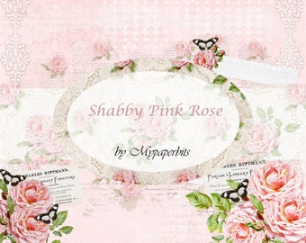 May include: A digital paper pack with a pink and white background featuring a collage of roses, butterflies, and lace. The text "Shabby Pink Rose by Mypaperbits" is in the center of the image.