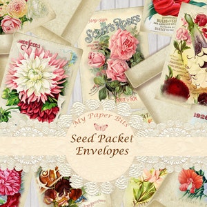 Pacote de sementes vintage Coisas efêmeras digitais, coisas efêmeras vintage, coisas efêmeras florais, cartões de registro no diário, imprimíveis, kits digitais, pacotes de sementes surradas,