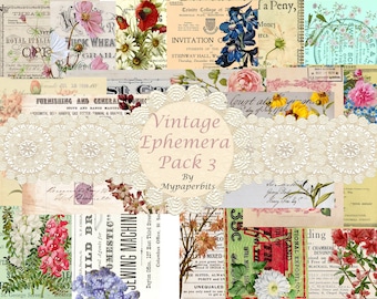 May include: A collage of vintage ephemera, featuring floral illustrations, antique documents, and lace embellishments. The text "Vintage Ephemera Pack 3" is displayed prominently. The color palette includes soft pastels, sepia tones, and vibrant floral accents.