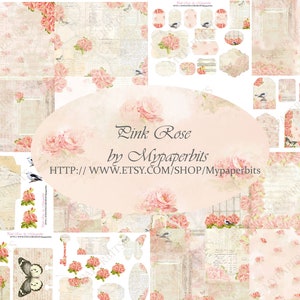 DIGITAL, Kit de diário digital Pink Rose, itens digitais efêmeros, itens florais e efêmeros, cartões de diário, itens para impressão, kits digitais,
