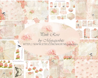 DIGITAL, Pink Rose Digital Junk Journal Kit, Digitale Ephemera, shabby, florale Ephemera, Journaling Karten, Printables, digitale Kits,