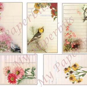 May include: Six printable journal pages with vintage floral and bird illustrations. Each page has lined paper with a title, author, and date section. The pages are perfect for scrapbooking, journaling, or crafting.