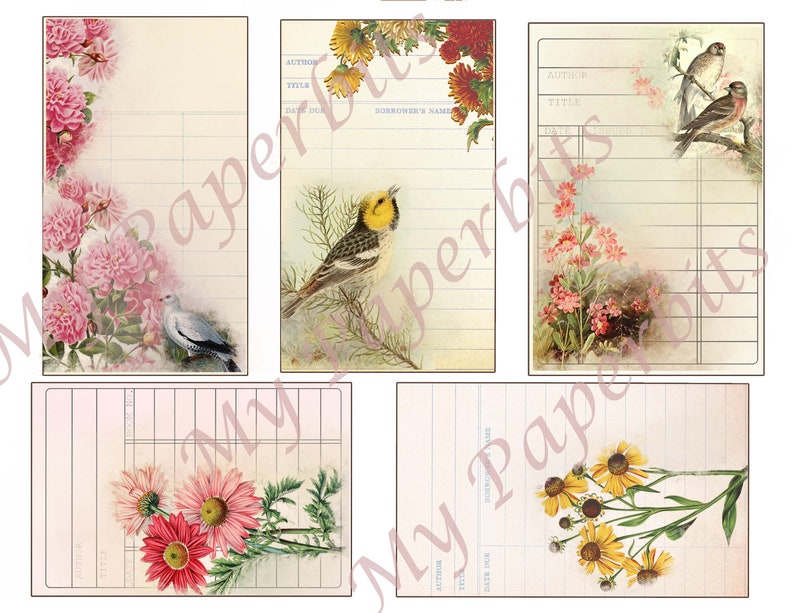 May include: Six printable journal pages with vintage floral and bird illustrations. Each page has lined paper with a title, author, and date section. The pages are perfect for scrapbooking, journaling, or crafting.