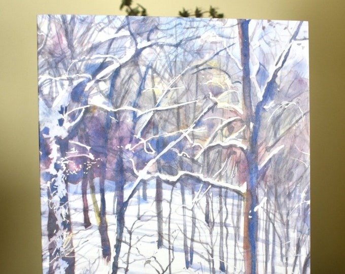 Snow Sticks to the Bark (C9) -- Blank Greeting Card, Watercolor, Nature, Holiday Card