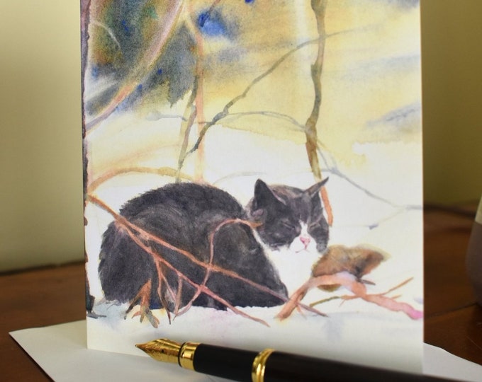 Sleepy Gray Cat in Snow (C10) -- Blank Greeting Card, Watercolor, Nature, Holiday Card
