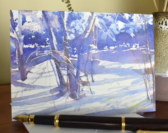Blue Light in the Snow (C11) -- Blank Greeting Card, Watercolor, Nature, Holiday Card