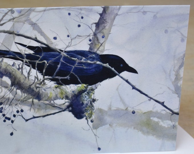 Waiting Crow (C43) -- Blank Greeting Card, Watercolor, Nature, Pet Portrait