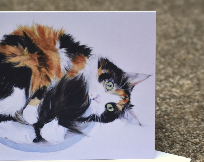 Featured listing image: Aurora the Calico Cat (C50) -- Blank Greeting Card, Watercolor, Nature, Pet Portrait