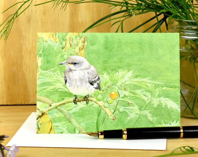 Fledgling Mocking Bird (C22) - Blank Greeting Card, Watercolor, Nature, Holiday Card, Spring