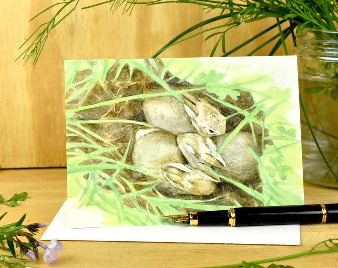 Baby Bunnies in Nest (C20)  - Blank Greeting Card, Watercolor, Nature, Holiday Card, Spring