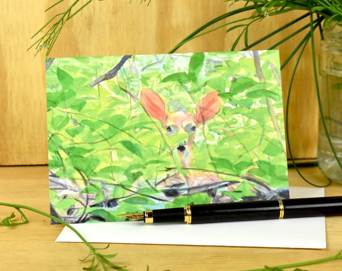 Deer In Green Leaves (C21) - Blank Greeting Card, Watercolor, Nature, Holiday Card, Spring