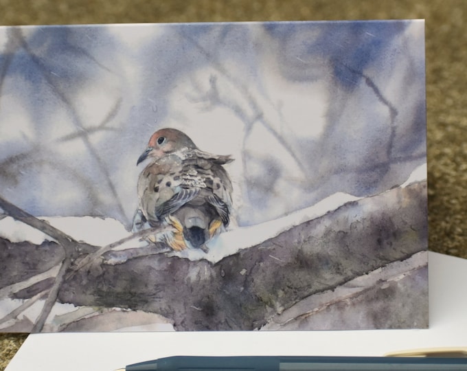Snowy  Mourning Dove (C52) - Blank Greeting Card, Watercolor, Nature, Birds, Winter