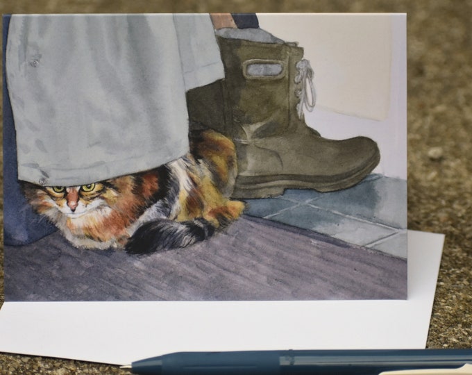 Nika the Siberian Cat is Sneaky (C48) -- Blank Greeting Card, Watercolor, Nature, Pet Portrait