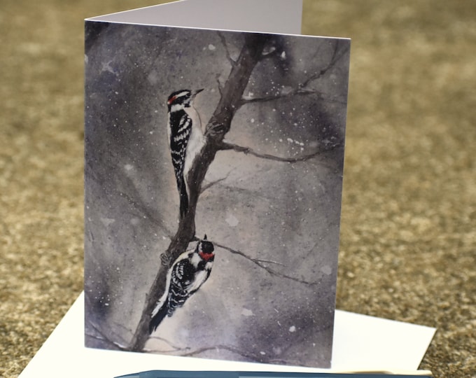 Featured listing image: Downy Woodpeckers in the Snow (C51) - Blank Greeting Card, Watercolor, Nature, Birds, Winter