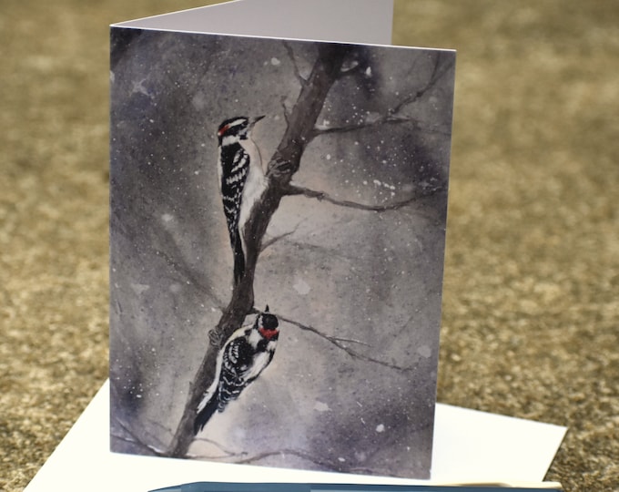 Downy Woodpeckers in the Snow (C51) - Blank Greeting Card, Watercolor, Nature, Birds, Winter