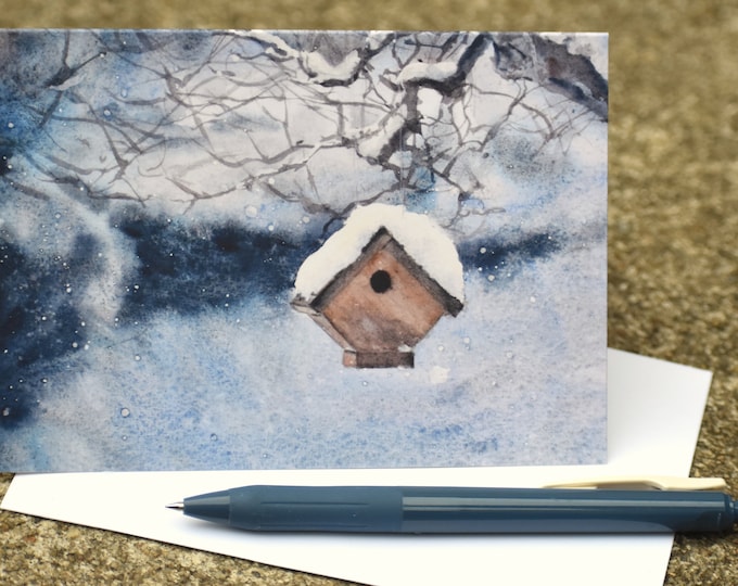 Winter Wren House (C53) - Blank Greeting Card, Watercolor, Nature, Birds, Winter