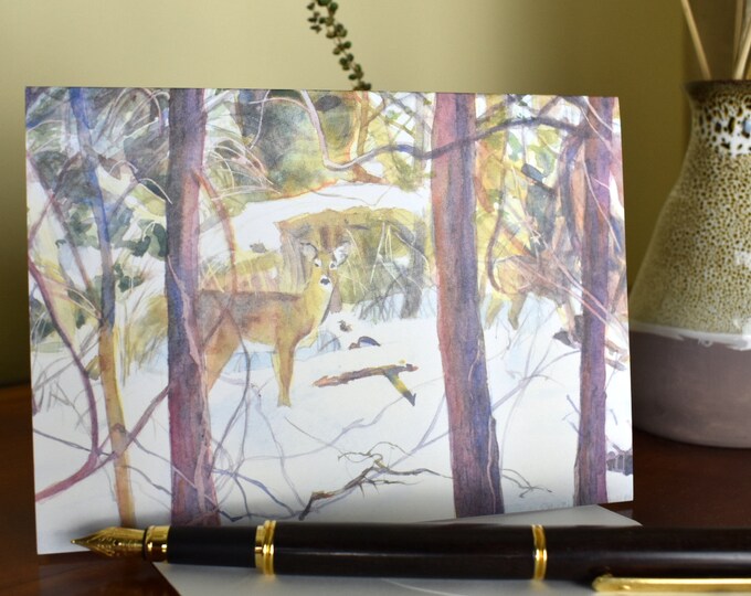 Deer in Snow Through Tree Trunks (C3) -- Blank Greeting Card, Watercolor, Nature, Holiday Card