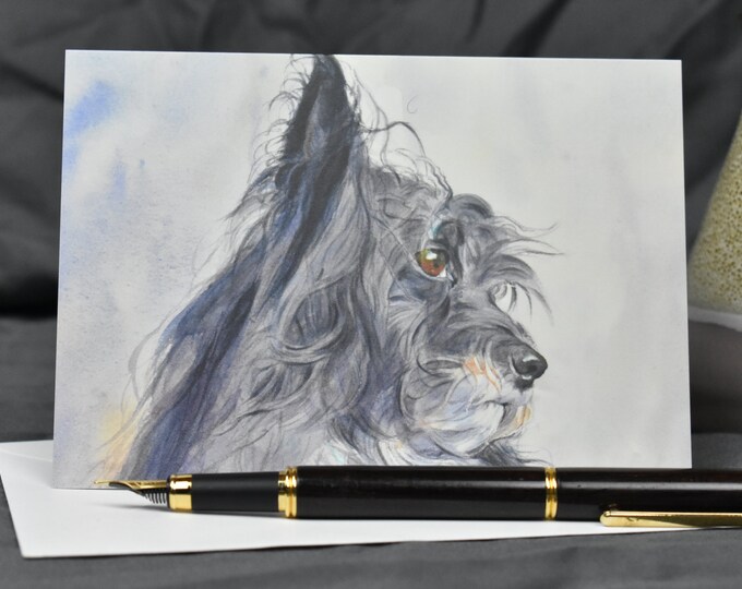 Fizgig the Tiny Black Dog (C14) -- Blank Greeting Card, Watercolor, Nature, Pet Portrait