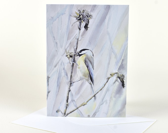 The Chickadee is Foraging (C35) - Blank Greeting Card, Watercolor, Nature, Birds, Winter