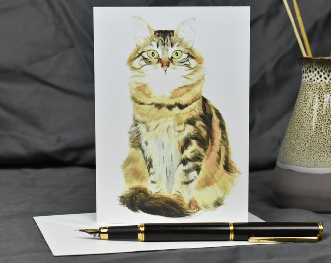 Nika the Siberian Cat is Waiting (C16) -- Blank Greeting Card, Watercolor, Nature, Pet Portrait