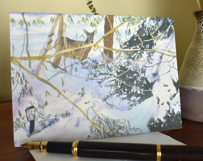 Deer in Snow and Evergreens (C2) --  Blank Greeting Card, Watercolor, Nature, Holiday Card