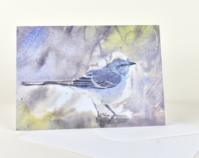 Mocking Bird in Morning Mist (C37) - Blank Greeting Card, Watercolor, Nature, Birds, Winter
