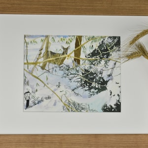 Deer in Snow and Evergreens -- Watercolor Print, Nature Print, Giclee Art Print, Wall Art