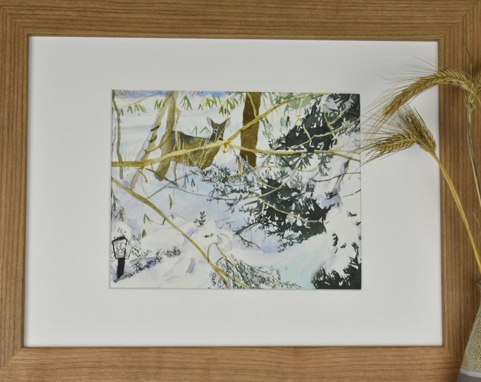 Deer in Snow and Evergreens -- Watercolor Print, Nature Print, Giclee Art Print, Wall Art