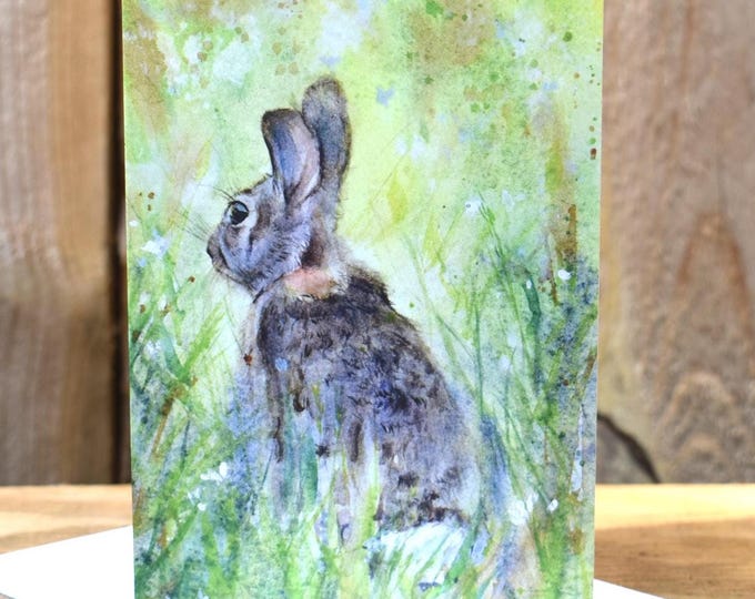 Cotton Tail in Spring(C65) -- Blank Greeting Card, Watercolor, Nature, Pet Portrait